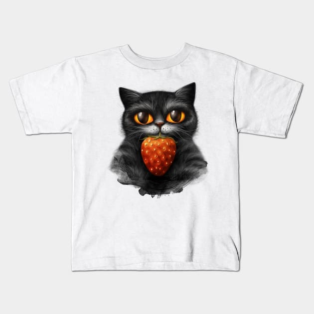 Fluffy cat with red strawberry Kids T-Shirt by Marysha_art